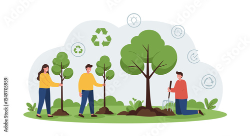 Eco-friendly tree planting for sustainability and green initiatives in community projects vector illustration