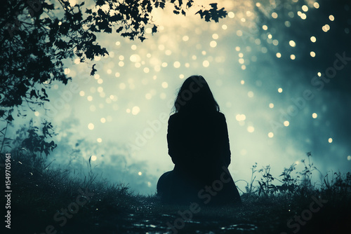 Lonely girl contemplating glowing particles in a misty forest