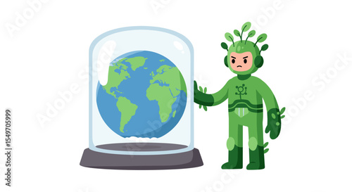 Alien guardian observing earth in glass dome vector illustration for sci-fi designs