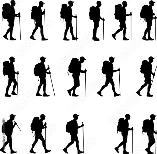 Hikers Silhouette Standing on Mountain Peak vector