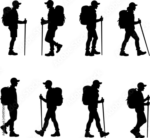 Hikers Silhouette Standing on Mountain Peak vector