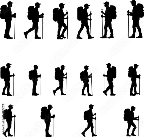 Hikers Silhouette Standing on Mountain Peak vector