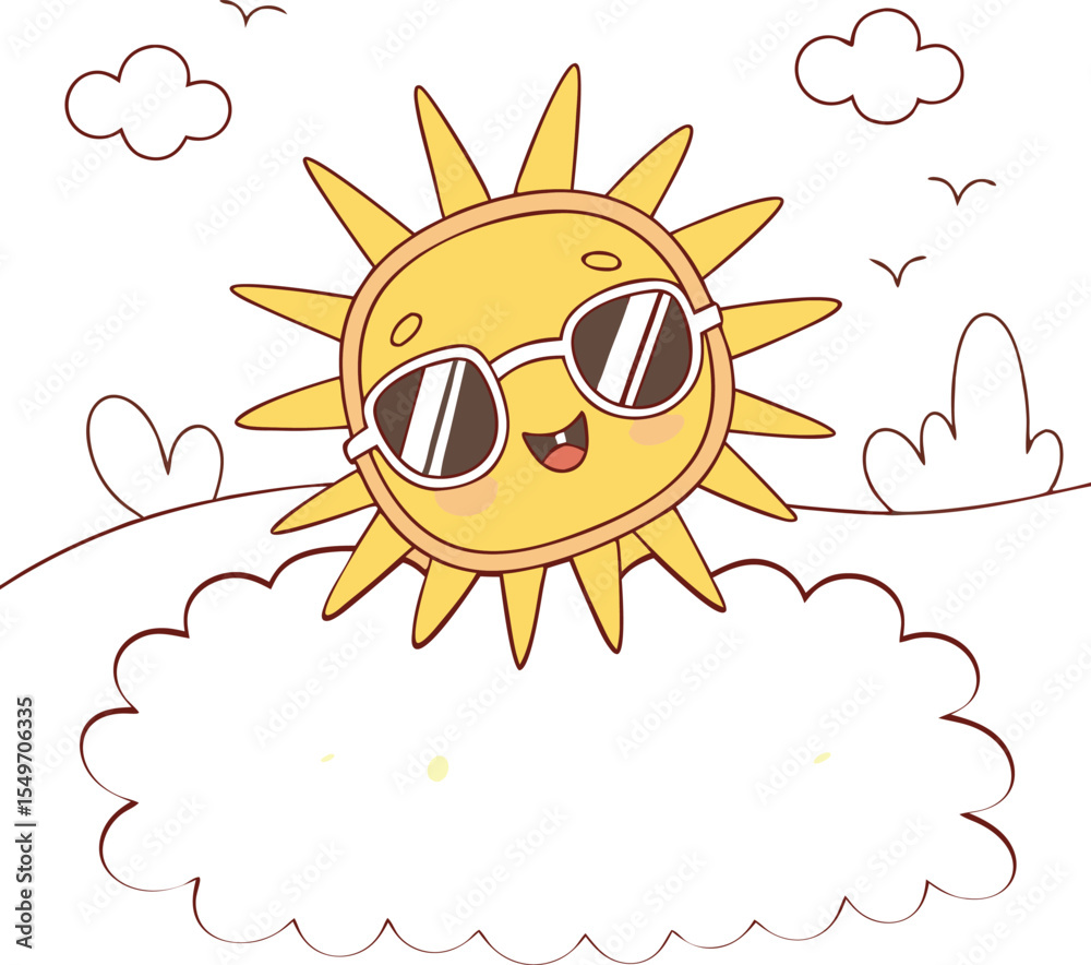 Fototapeta premium Here's a cheerful cartoon sun with a bright smile, radiating happy summer sunshine