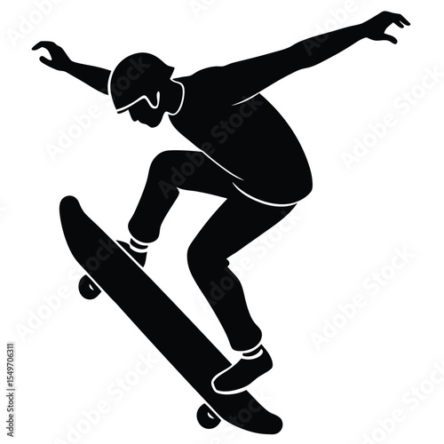 Silhouette of a skateboarder performing a trick on a white background