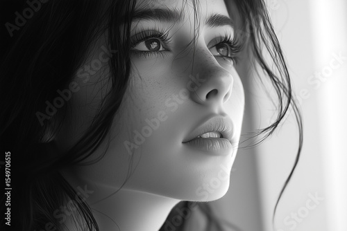Young woman with freckles looking up in black and white