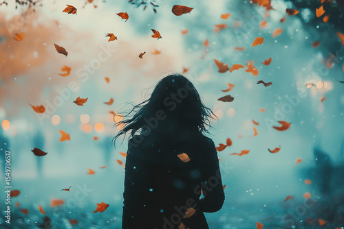 Woman walking in autumn with falling leaves and wind blowing her hair