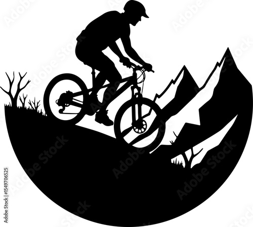 Mountain Biker Riding Uphill on Rugged Terrain vector