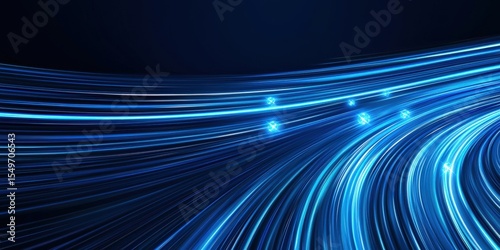 Quantum Computing superposition concept. Abstract blue light trails on a dark background.