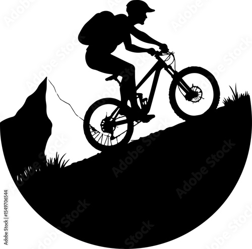 Mountain Biker Riding Uphill on Rugged Terrain vector