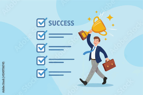 Man holding a trophy and briefcase with a checklist isolated on transparent background