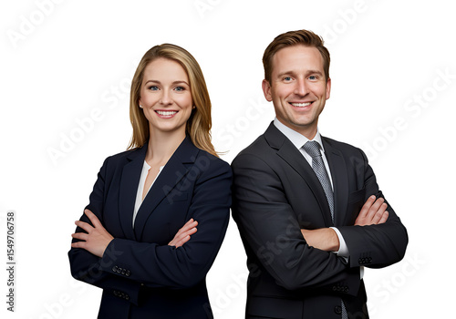 Two people in business attire smiling and crossing their arms, isolated 