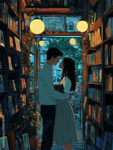 Young couple embracing in a bookstore at night