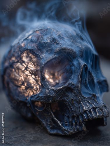 Glowing human skull emitting smoke in dark environment