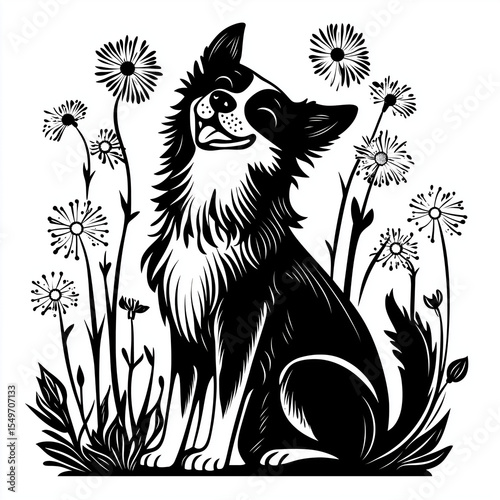 Border collie dog sitting in the grass enjoying the scent of flowers