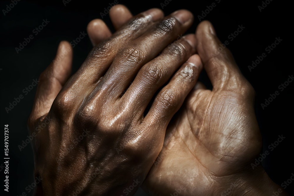 Fototapeta premium Close-up of warm hands rubbing, highlighting skin texture beneath studio lighting.