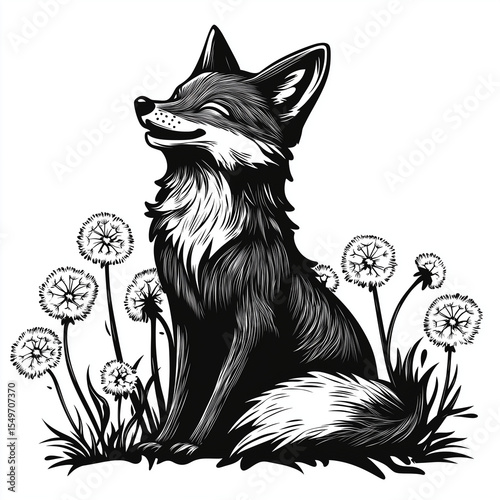 Smiling fox sitting in grass with dandelions enjoying nature