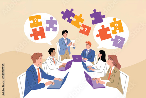 Business meeting with puzzle pieces and question marks isolated on transparent background