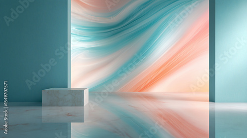 Abstract background, Minimalist Marble Pedestal with Pastel Abstract Wall and Reflection