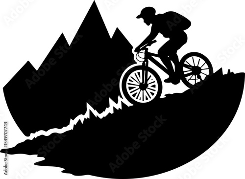 Mountain Biker Silhouette in Forested Hills vector design