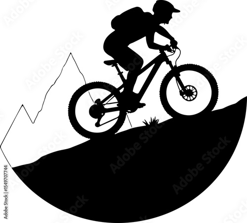 Mountain Biker Silhouette in Forested Hills vector design