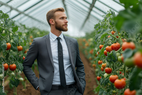 Businessman inspecting tomato plants growing in greenhouse