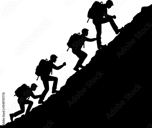 Hiking Hikers Standing on Mountain Peak  Silhouette  vector graphics