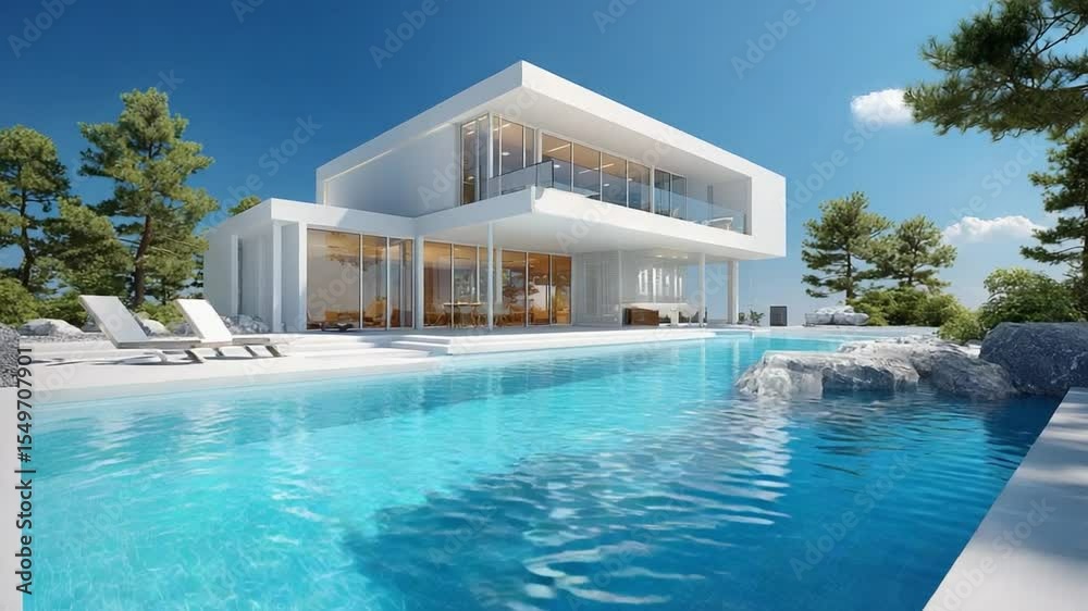 Luxurious Modern Villa: A stunning contemporary villa, bathed in sunlight, with a pristine swimming pool reflecting the clear blue sky, offering a serene oasis of modern elegance.