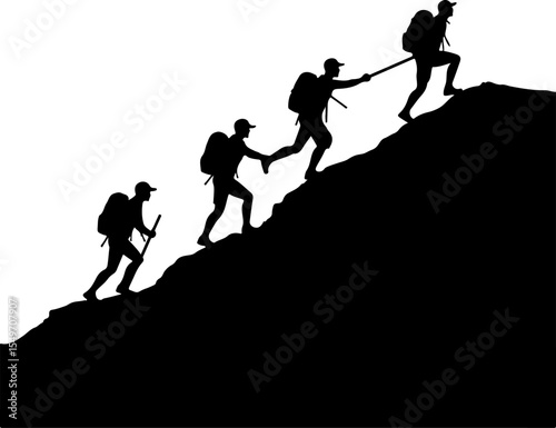 Hiking Hikers Standing on Mountain Peak  Silhouette  vector graphics