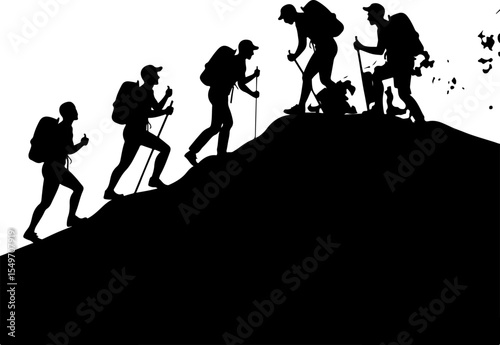 Hiking Hikers Standing on Mountain Peak  Silhouette  vector graphics