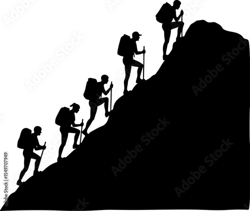 Hiking Hikers Standing on Mountain Peak  Silhouette  vector graphics