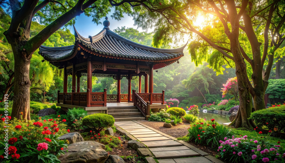 serene garden with traditional pavilion surrounded by vibrant flowers serene garden with traditional pavilion surrounded by vibrant flowers