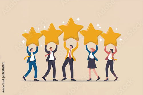 Five people holding up five golden stars isolated on transparent background