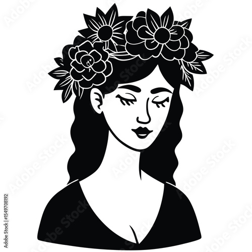 Black and white illustration of a woman wearing a flower crown with her eyes closed