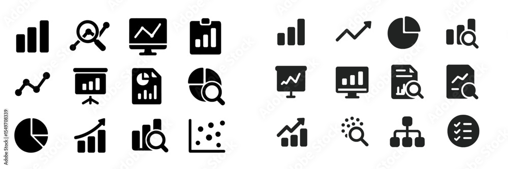 Collection of various black icons representing data analysis and business metrics in a professional setting Collection of various black icons representing data analysis and business metrics in a professional setting
