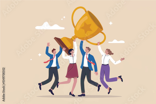 Team celebrating victory holding a trophy isolated on transparent background