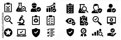 Icons representing quality assurance, evaluation processes, and professional standards in various industries