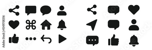 Black icons representing communication and social interaction elements displayed on a minimalist background for digital applications