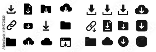 Download and upload icons displayed in black and white representing various digital file actions and storage options