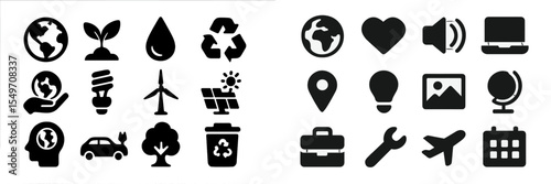 Collection of eco-friendly and technology-related icons representing sustainability and innovation concepts