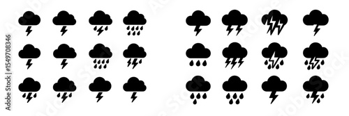 Various weather icons illustrating rain, thunderstorms, and lightning in a minimalist design