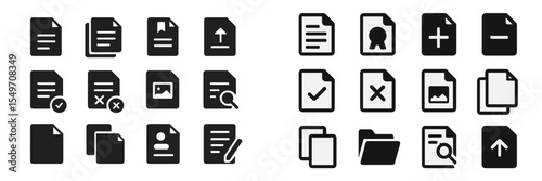 Collection of black and white document icons arranged in a grid pattern for graphical user interface design