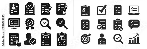 Various icons depicting tasks and evaluations related to productivity and organization in a modern workspace setting