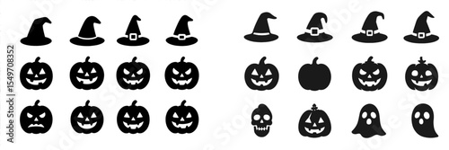Collection of Halloween silhouettes featuring hats and pumpkins for festive decorations and designs
