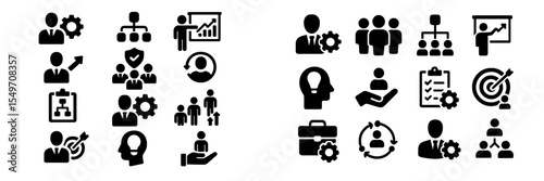 Icons representing business management, teamwork, and strategy in a professional environment