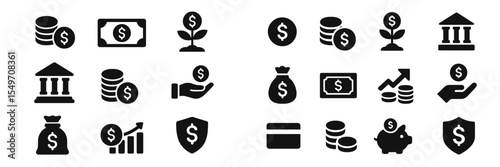 Collection of financial icons representing currency, investment, and banking concepts for digital design projects