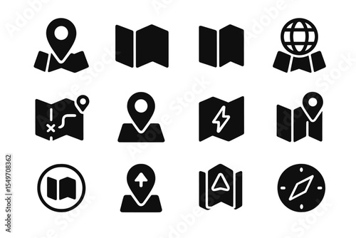 Collection of black map and location icons showcasing navigation and geographic features for design use