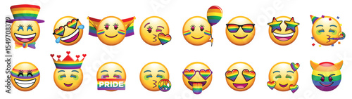 Round yellow LGBT-themed emojis with different facial expressions happy, naughty, in love, partying, laughing, and evil.