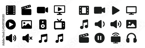 Collection of multimedia icons representing various media formats and playback options in a minimalist design