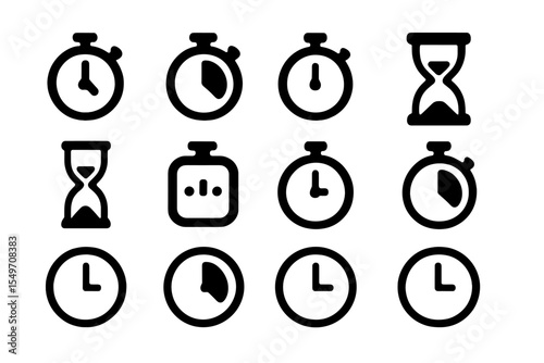Various clock and timer icons showcasing the concept of time in a minimalist design