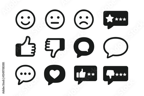 Collection of emoticons and feedback symbols showcasing various feelings and opinions in simple design